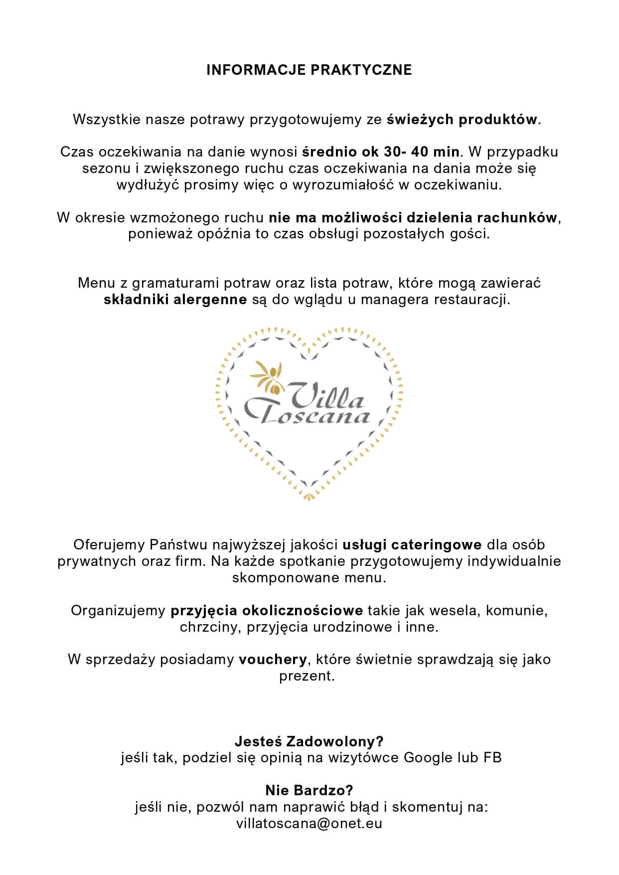 Informacje praktyczne - Villa Toscana Nowy Targ